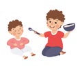 Elder brother feeding the younger. Happy kids brothers playing and spending good time together cartoon vector