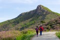 Elder couple hiking on the hillside way in Hwangmaesan Country P Royalty Free Stock Photo