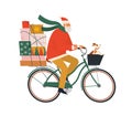 An elder man dressed as Santa Claus rides a bicycle with gifts and dog. Christmas postcard. Winter vertical banner