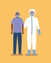 Elder man with mask and doctor with protective suit against Covid 19 vector design