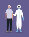 Elder man with mask and doctor with protective suit against Covid 19 vector design