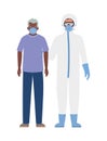 Elder man with mask and doctor with protective suit against Covid 19 vector design