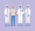 Elder man with mask and doctors with protective suits against Covid 19 vector design