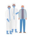 Elder man with mask and doctors with protective suits against Covid 19 vector design