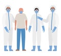 Elder man with mask and doctors with protective suits against Covid 19 vector design