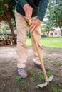 Elder man take care of plants at garden of nursing home for retirement Royalty Free Stock Photo