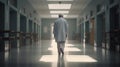 Elder man walking alone in the hospital corridor. Generative Ai
