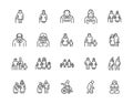 Elder people care flat line icons set. Senior couple, nursing home, happy old man exercising, patient support vector