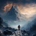 the elder scrolls walking up a snowy mountain slope in the mountains
