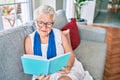 Elder senior woman with grey hair smiling happy sitting on the sofa reading a book at home Royalty Free Stock Photo