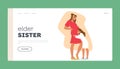 Elder Sister Landing Page Template. Young Daughter Character Tenderly Holds Her Expectant Mothers Belly