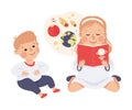 Elder sister reading book to little brother. Happy girl and boy having good time together cartoon vector illustration