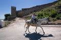 Elder walking in donkey close to the Tower of the Barbacana Royalty Free Stock Photo