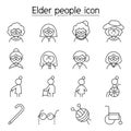 Elder woman, Grandmother icon set in thin line style