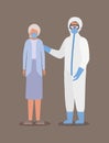 Elder woman with mask and doctor with protective suit against Covid 19 vector design