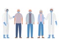 Elder woman and men with masks and doctors with protective suits against Covid 19 vector design