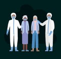 Elder women with masks and doctors with protective suits against Covid 19 vector design