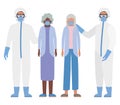 Elder women with masks and doctors with protective suits against Covid 19 vector design