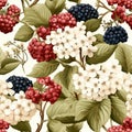 Elderberry and elderflower seamless pattern, water color , AI generated