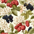 Elderberry and elderflower seamless pattern, water color , AI generated