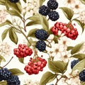 Elderberry and elderflower seamless pattern, water color , AI generated