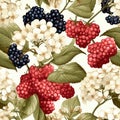 Elderberry and elderflower seamless pattern, water color , AI generated