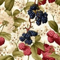 Elderberry and elderflower seamless pattern, water color , AI generated