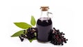 Elderberry syrup in a bottle, front view of ready to take-in syrup ripe elderberries. generative ai