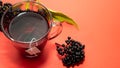 Elderberry tea on a red background top view. Ripe elderberry. Berry herbal tincture