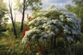 Elderberry tree with red berries and white flowers, created using generative ai technology