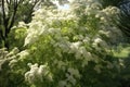 Elderberry tree with white flowers in garden, created using generative ai technology Royalty Free Stock Photo