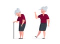 Elderly active joyful and unhealthy sick pensioner comparison. Healthy happy and sad tired old age concept. Weakness