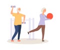 Elderly Active Life. Old People Training. Grandparents Fitness, Man And Woman Workout Vector Illustration