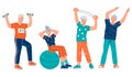 Elderly active people cartoon characters doing sports, flat vector illustration.