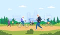 Elderly activity park. Senior people running, elder cyclist on bicycle, older man walking in summer nature, retired