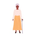 Elderly african american gray-haired woman in eyewear and stylish cloth with cane. Smiling senior granny in modern