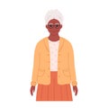 Elderly african american gray-haired woman in eyewear and stylish cloth. Smiling senior granny in modern outfit. Retired