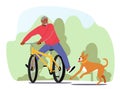 Elderly African Male Character Riding Bicycle With Dog at City Park. Happy Smiling Mature Man Outdoor Activity with Pet