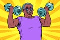 Elderly african man lifts dumbbells, fitness sport