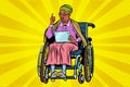 Elderly African woman disabled person in a wheelchair, gadget ta