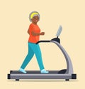 Elderly afro american woman running on treadmill isolated.