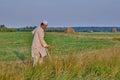 An elderly asian man in an embroidered skullcap and white traditional Clothes mows hand-scythe grass in a hayfield