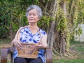 An elderly Asian woman holding a basket and looking at the camera, smiling while sitting on a chair in a garden. Space for text. Royalty Free Stock Photo