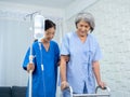 Elderly Asian woman patient trying to walk on walking frame held and carefully supported in arms by caregiver. Royalty Free Stock Photo