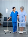 Elderly Asian woman patient trying to walk on walking frame held and carefully supported in arms. Royalty Free Stock Photo