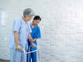 Elderly Asian woman patient trying to walk on walking frame held and carefully supported in arms. Royalty Free Stock Photo