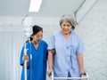 Elderly Asian woman patient trying to walk on walking frame held and carefully supported in arms by caregiver. Royalty Free Stock Photo