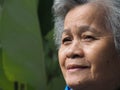 An elderly Asian woman smiling and looking away while standing in a garden. Beautiful face of senior woman portrait. Royalty Free Stock Photo