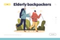 Elderly backpackers concept of landing page with senior couple of hikers travel with backpack