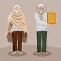 Elderly bearded man in modern clothes. Beekeeper with a honeycomb in his hands. Two characters on a background. Grandpa